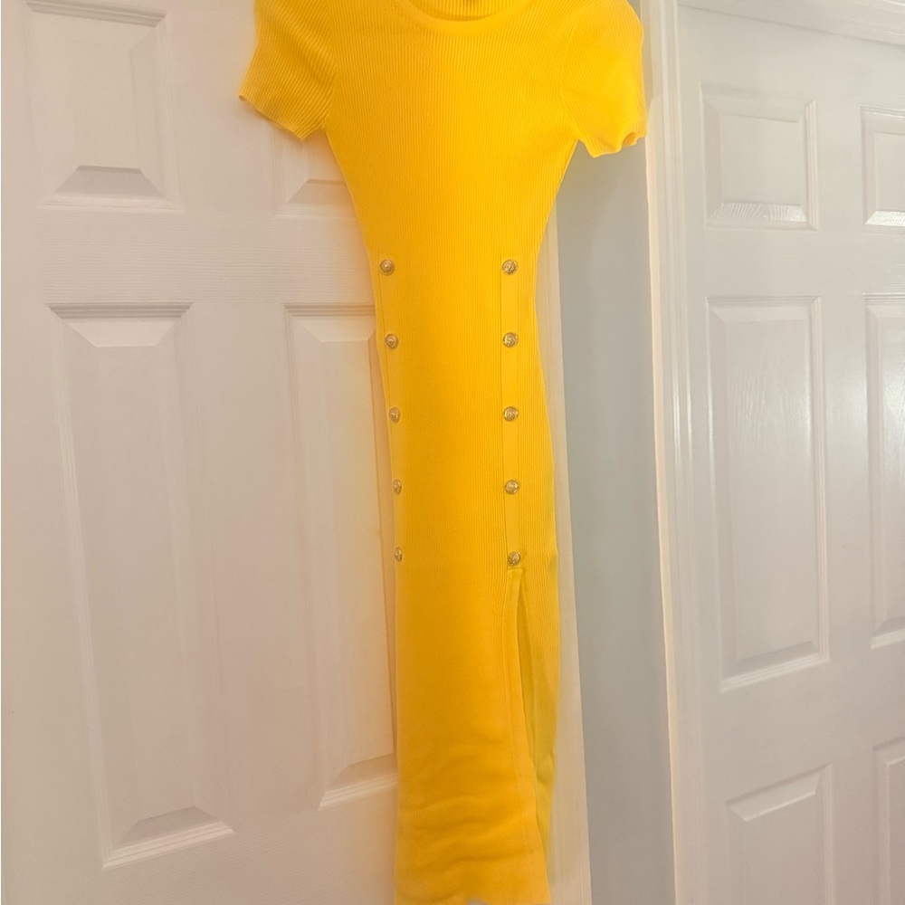 Yellow Ribbed Dress with Button Detail
